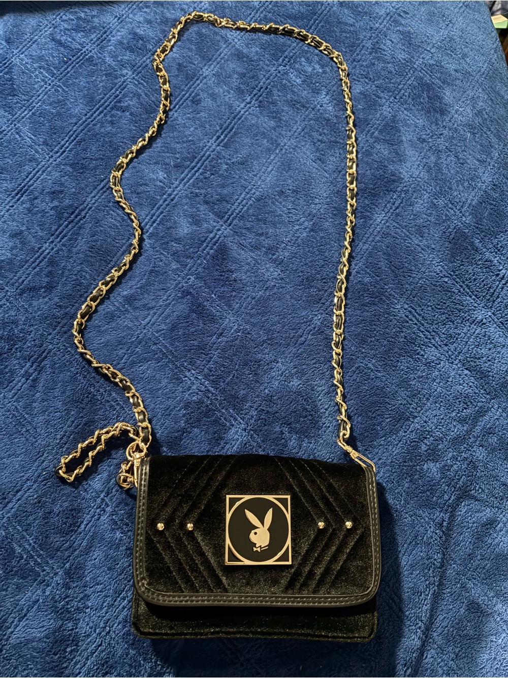 PLAYBOY Black Velvet Quilted Crossbody bag and wristlet with Gold Chains & Logo